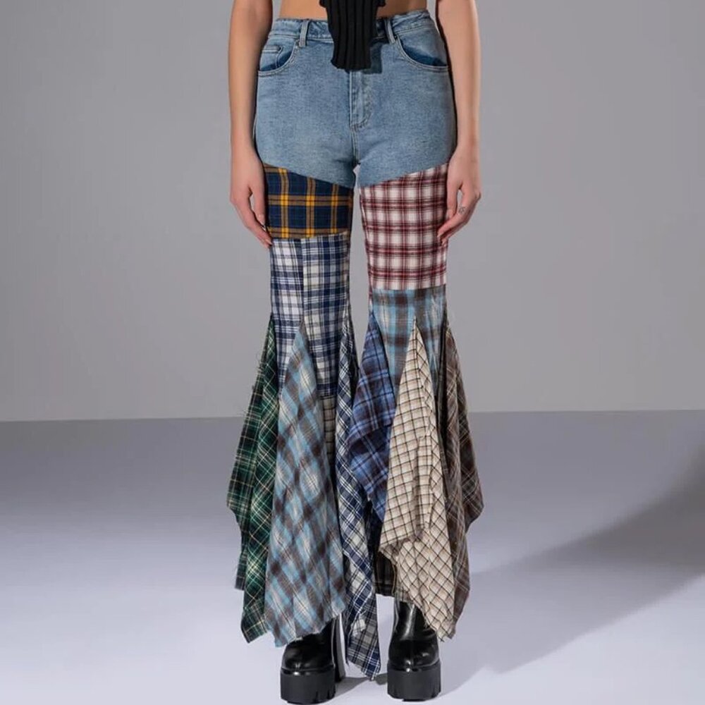 NWT! REHAB LAB Plaid Patchwork Mixed Media Flannel Flare Leg Denim Jeans Pants - Picture 7 of 15